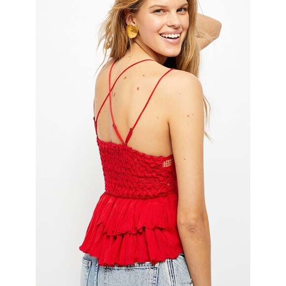 Free People Small Adella Cami Lace Tank Top Cherry Red Ruffled Peplum Hem NWT - Picture 3 of 13